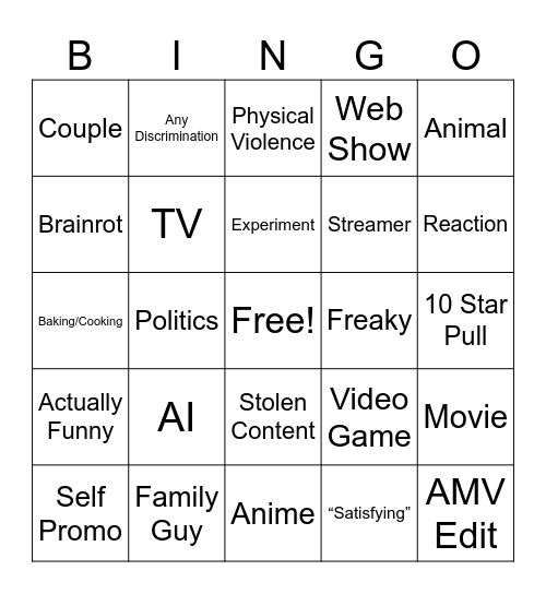 YT Shorts Bingo 2.0 Bingo Card