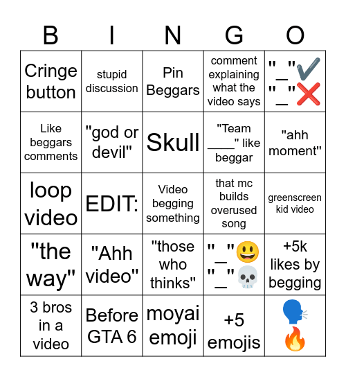 YT Shorts Bingo Card