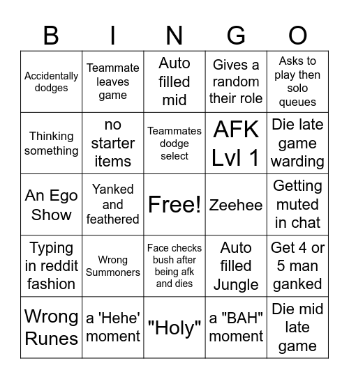 Pookz Steanz League Bingo Card