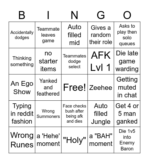 Pookz Steanz League Bingo Card