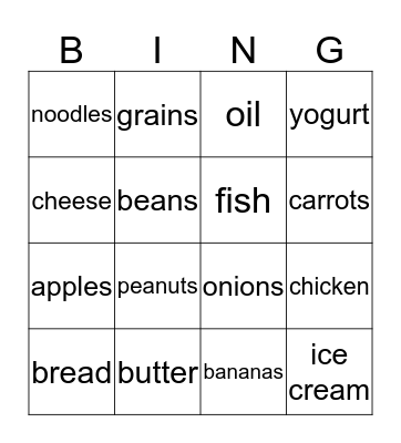 Identifying Foods Bingo Card