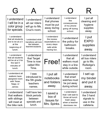 First Day Review Bingo Card