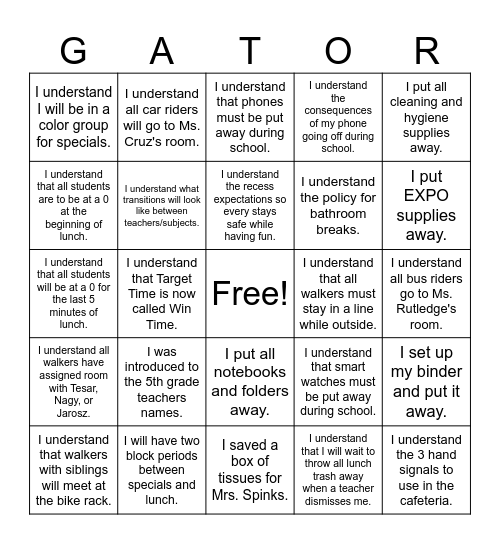 First Day Review Bingo Card