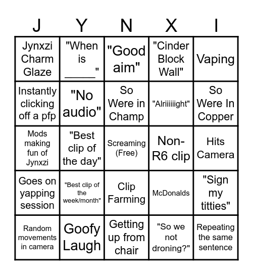 Jynxzi Bingo Card