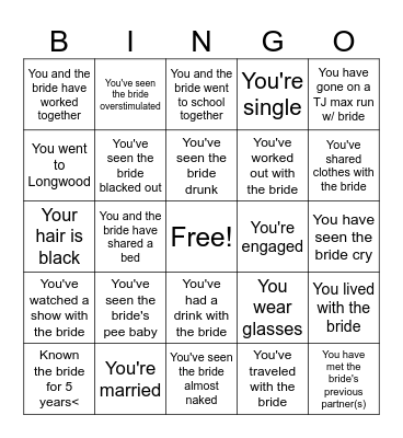 Bachelorette Bingo Card