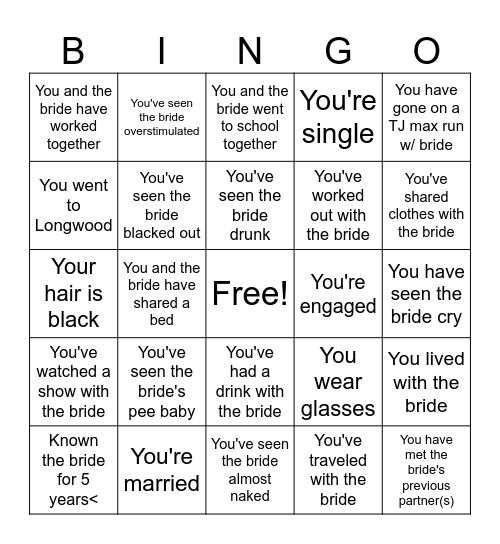 Bachelorette Bingo Card