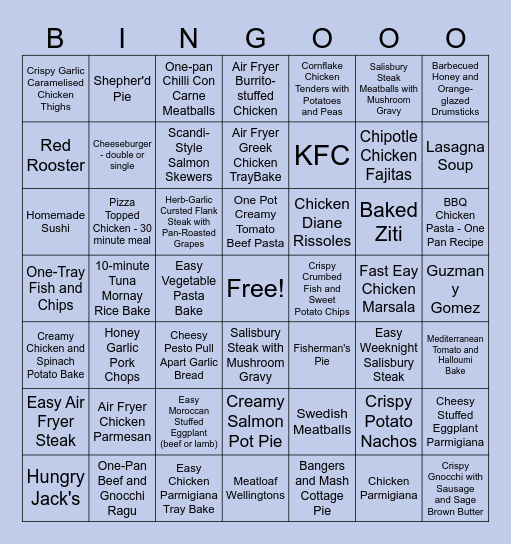 Dinner Ideas Bingo Card