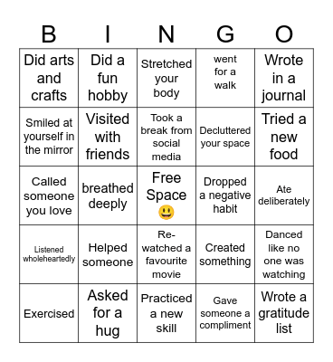 Self Care Bingo Card