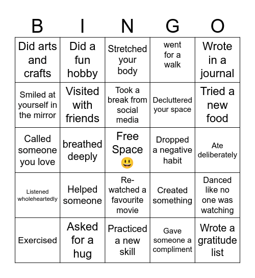 Self Care Bingo Card