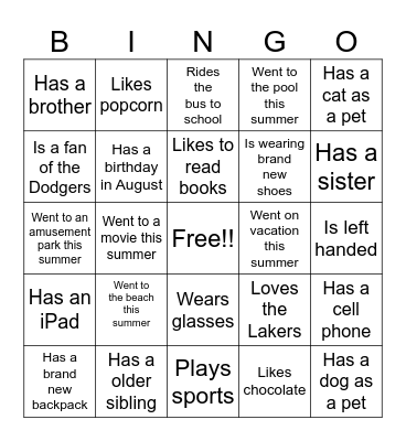 Back to School Bingo Card