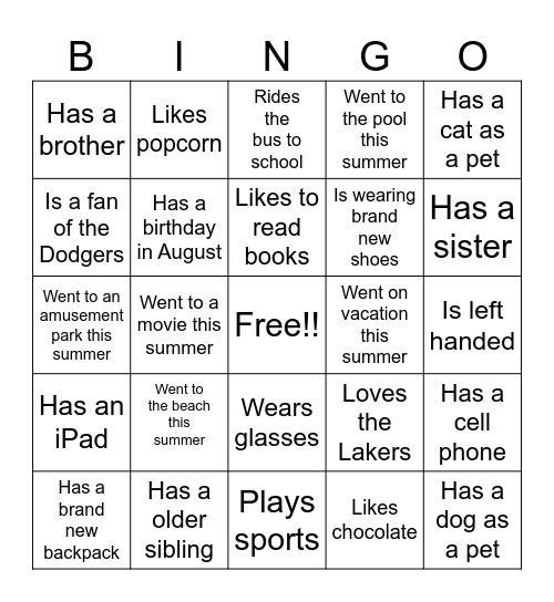 Back to School Bingo Card