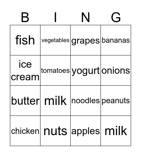 Identifying Foods Bingo Card