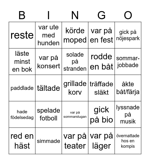 Sommar Bingo Card