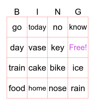 Long vowel sounds Bingo Card