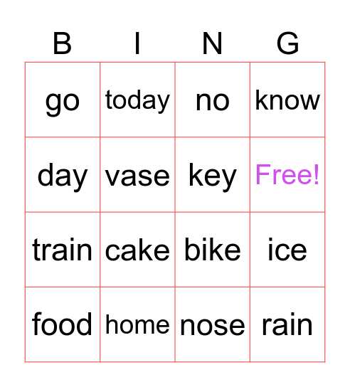 Long vowel sounds Bingo Card