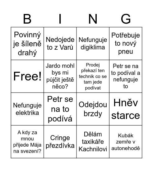 Kubákovo auto Bingo Card