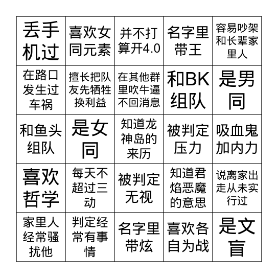 龙神岛宾果 Bingo Card