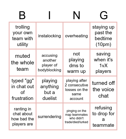 Valorant Ranked Bingo Card