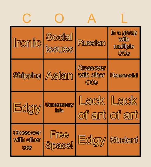 Ongezellig OC Bingo Card