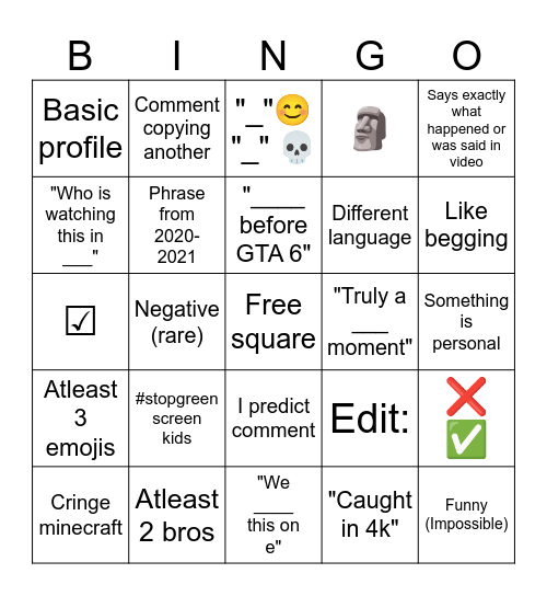 YouTube shorts Bingo Card