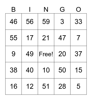 Number Bingo Card