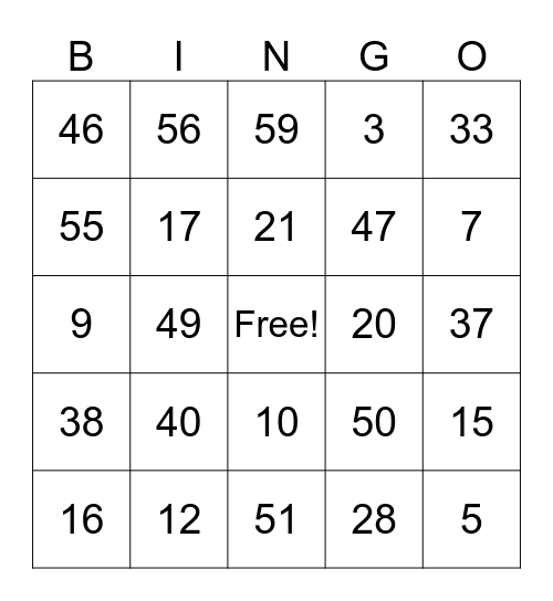 Number Bingo Card