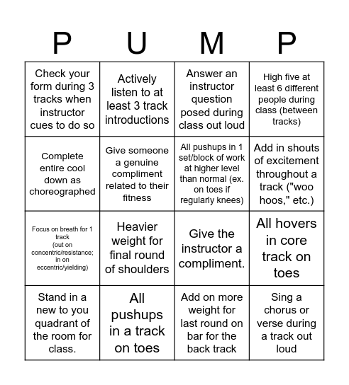 BODYPUMP Bingo Card