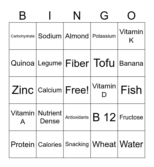 Nutrition Bingo Card