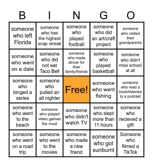 After Holiday Bingo Card