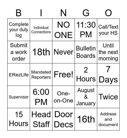 Resident Assistant Bingo Card