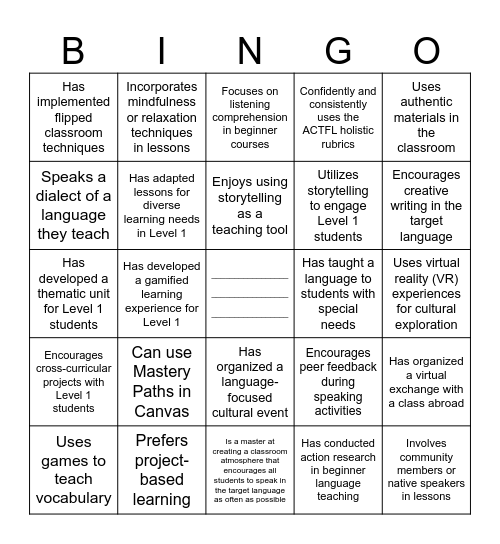 Level 1 TOOLBOX BINGO Card