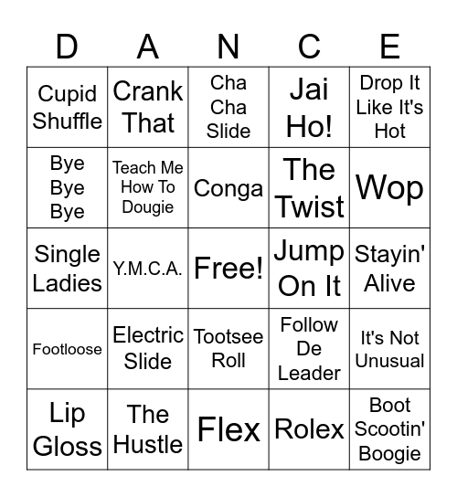 DANCE, DANCE Bingo Card