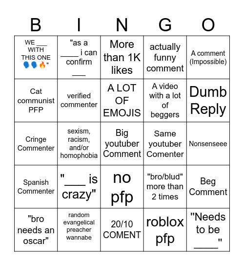 Youtube Shorts Bingo Card