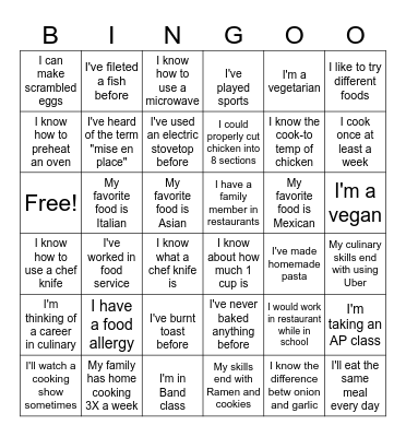 Culinary Bingo Card