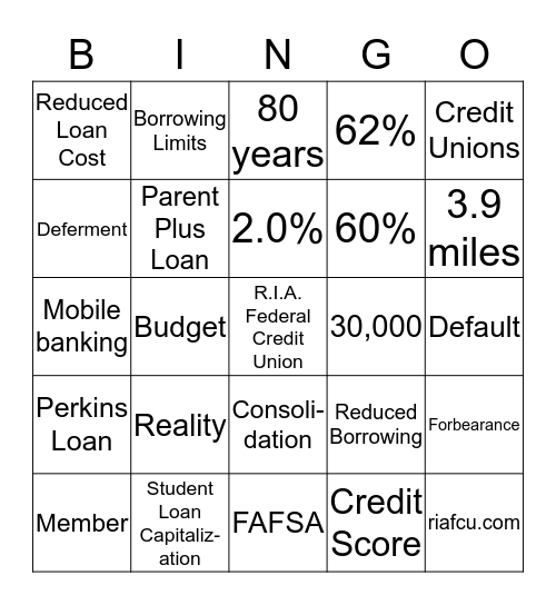 R.I.A. FCU Financial Literacy Bingo! Bingo Card