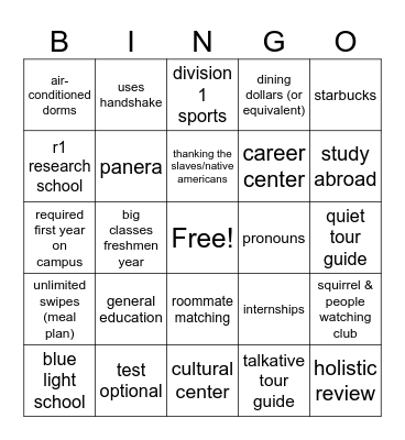 College Bingo Card