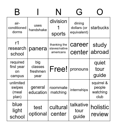 College Bingo Card