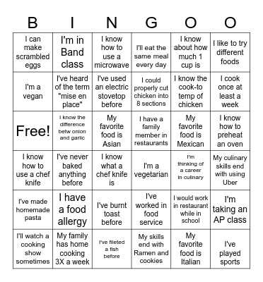 Culinary Bingo Card