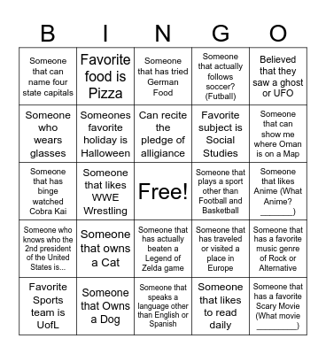 Getting to Know You Bingo Card