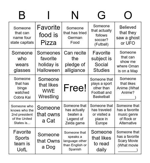 Getting to Know You Bingo Card