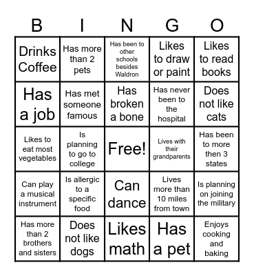 Classroom Bingo Card