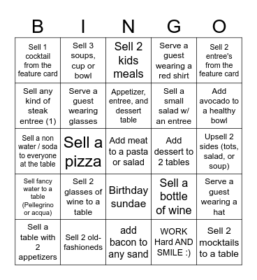 Dinner Bingo Card