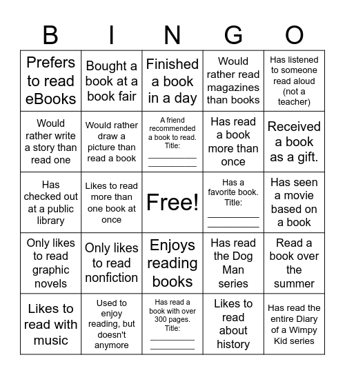 Get to Know You Book Bingo Card