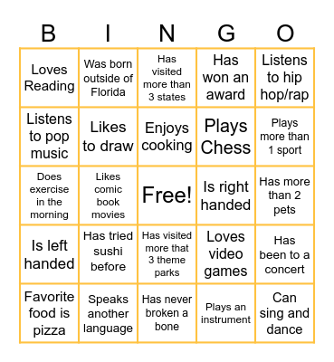 Middle School Bingo Card