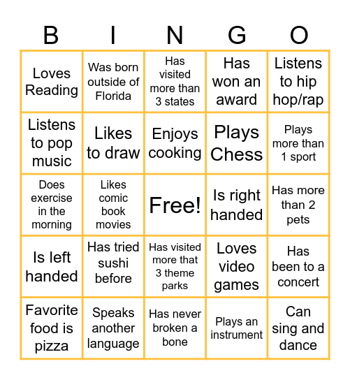 Middle School Bingo Card