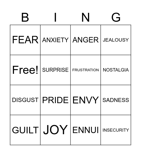 Emotions 1 Bingo Card