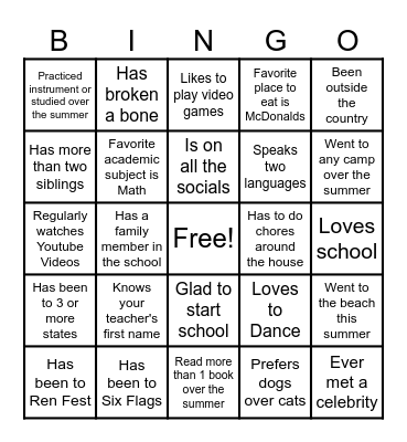 First Day of School Bingo Card