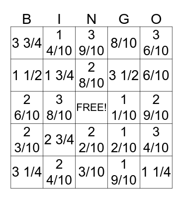 Fraction/Decimal Bingo Card