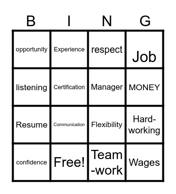Job Readiness Bingo Card