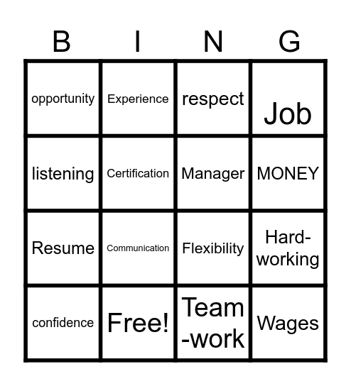 Job Readiness Bingo Card